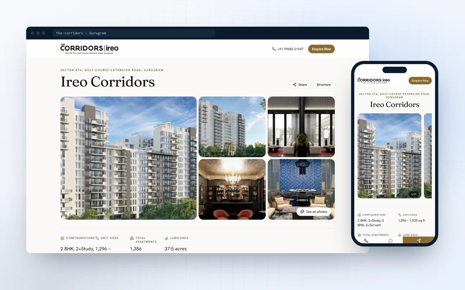 The Corridors — project microsite + admin for Mr. Harpreet Thukral, shown on desktop and mobile