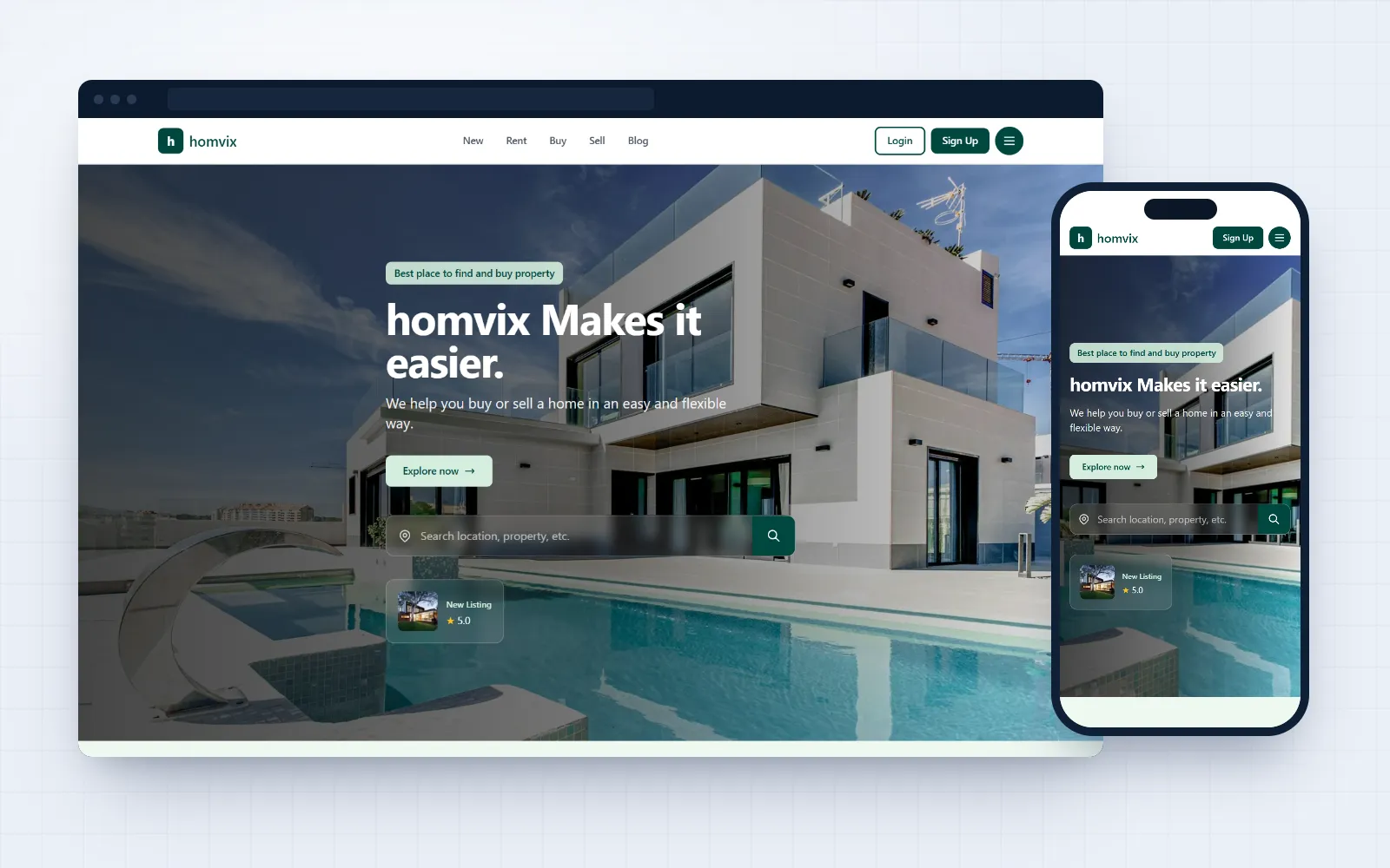 Homvix — property marketplace for Homvix, shown on desktop and mobile
