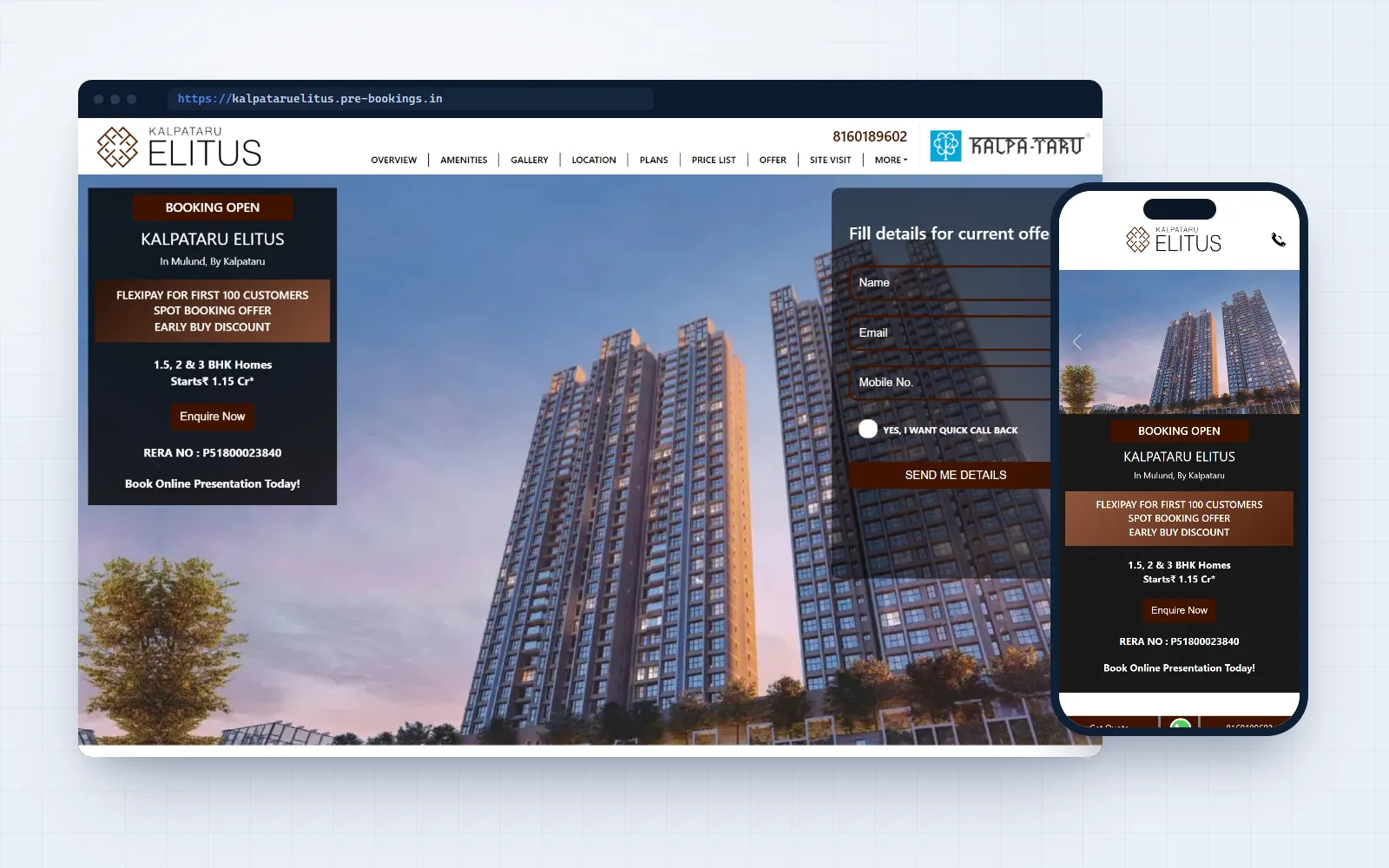 Kalpataru Elitus — landing page for Kalpataru, shown on desktop and mobile