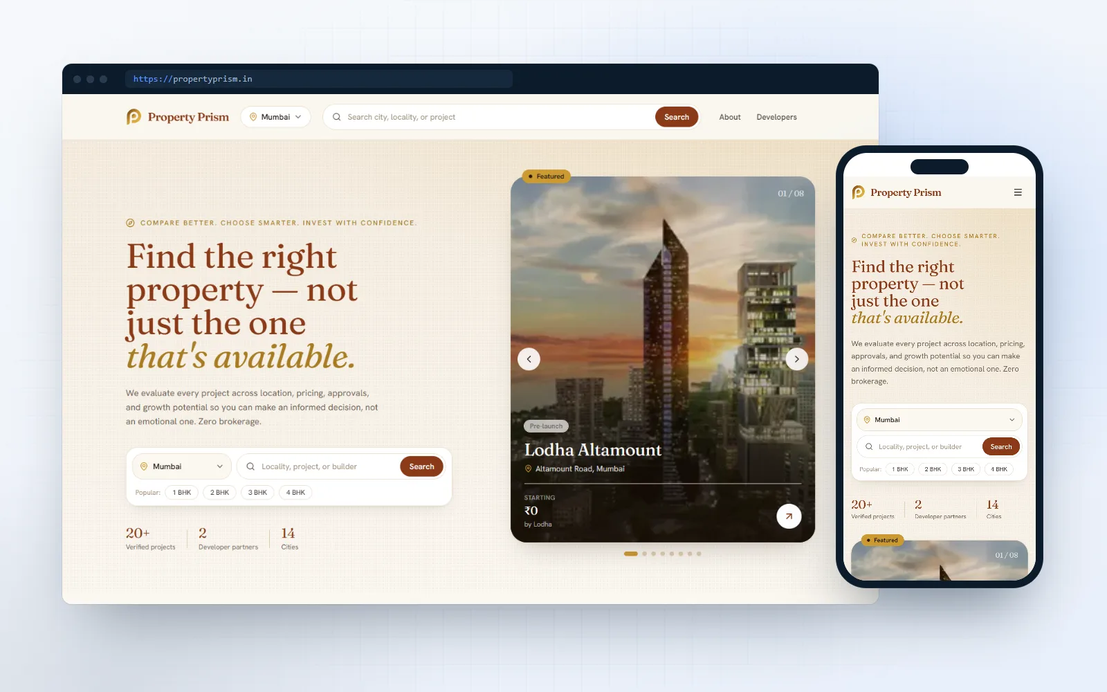 Property Prism — buyer-advisory portal + cms for Mr. Javed Khan, shown on desktop and mobile