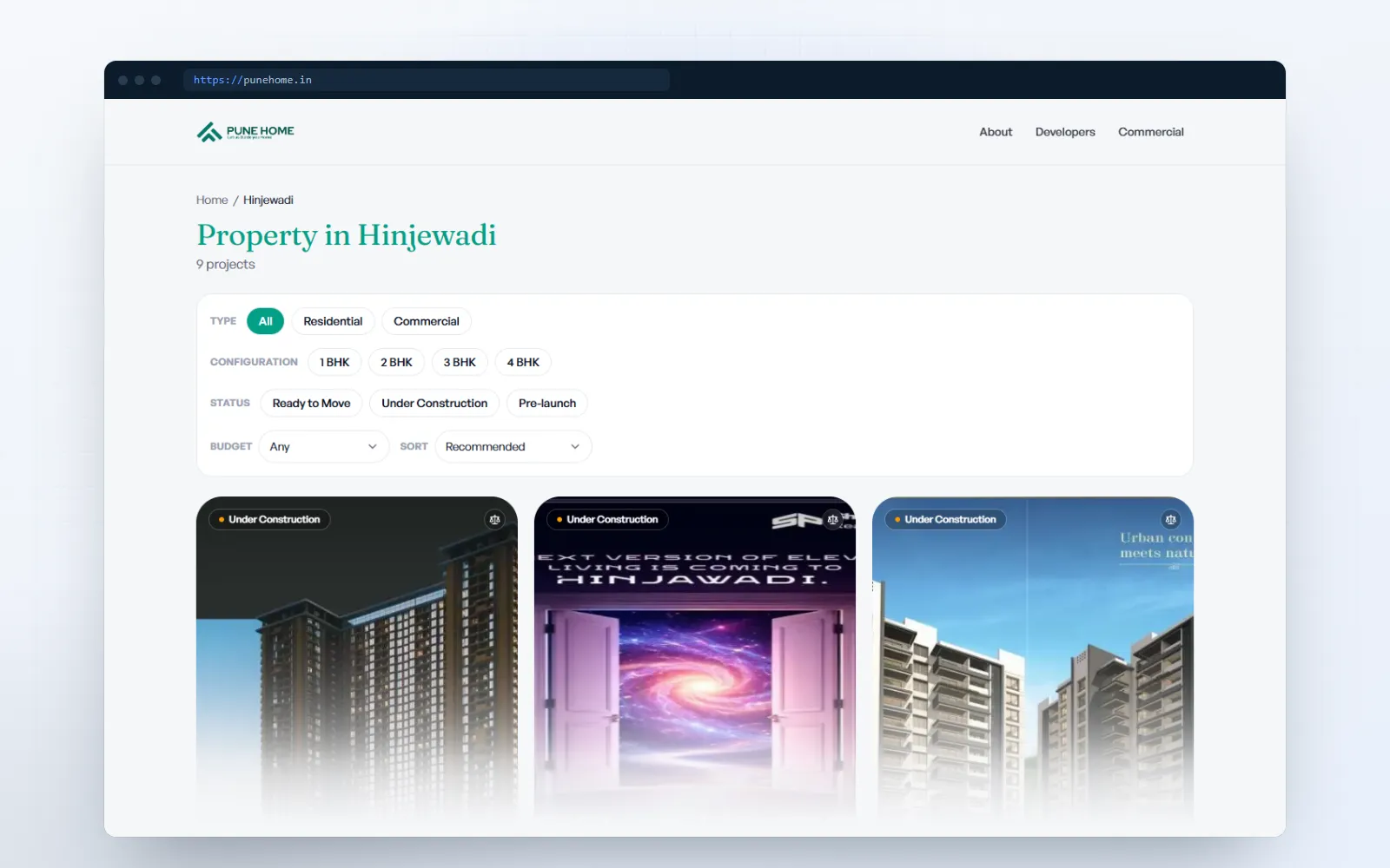 Pune Home — screen 1 of 3, shown on desktop and mobile
