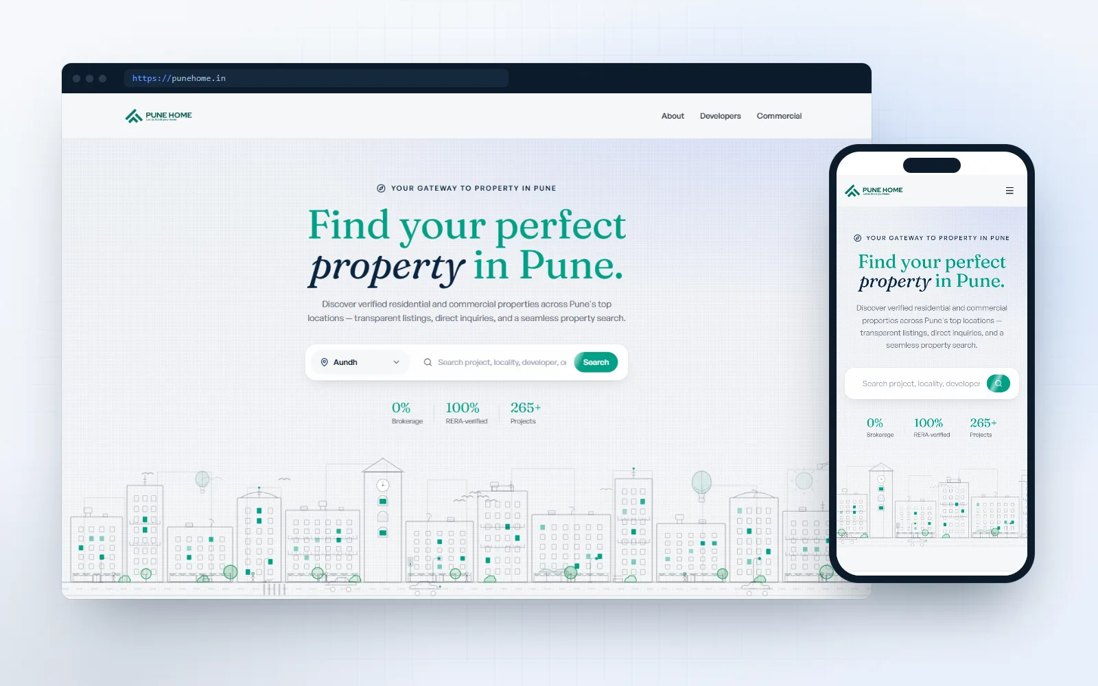 Pune Home — property portal + cms & crm for Pune Home, shown on desktop and mobile