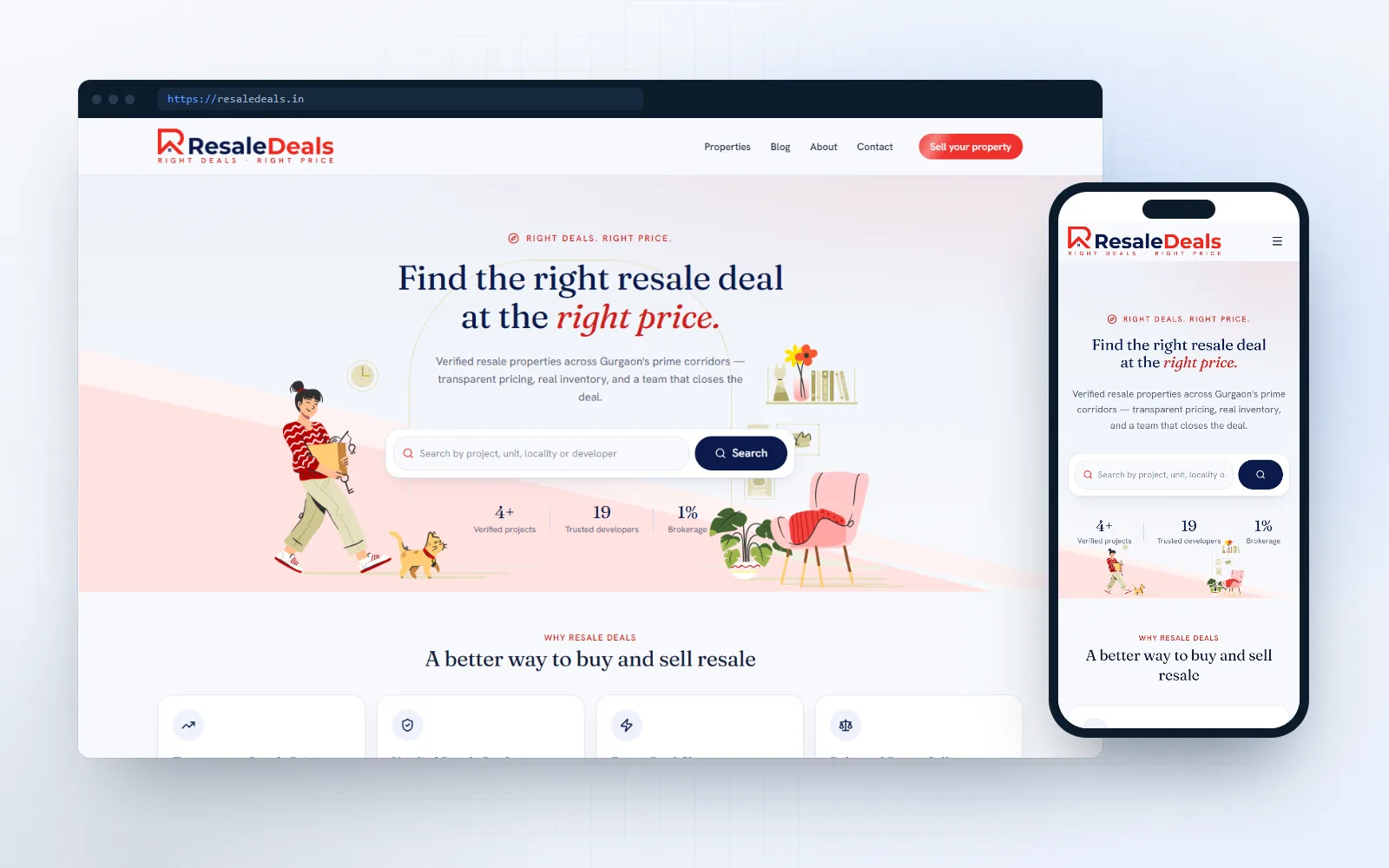Resale Deals — resale portal + cms & crm for Mr. Harpreet Thukral, shown on desktop and mobile