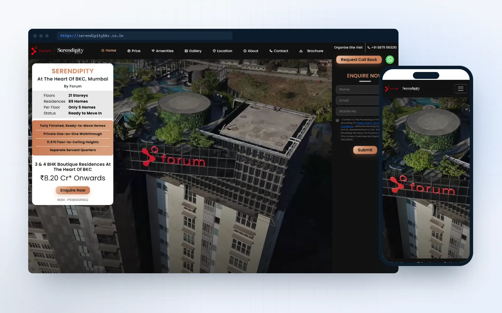 Serendipity BKC — landing page for Mr. Javed Khan, shown on desktop and mobile