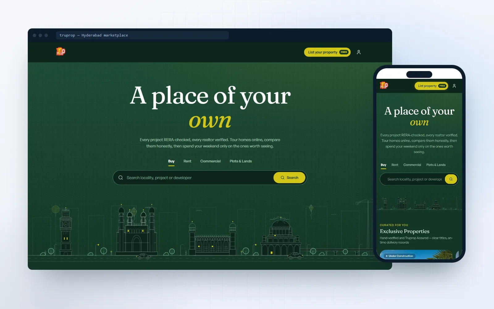 Truprop — verified property marketplace for Truprop, shown on desktop and mobile