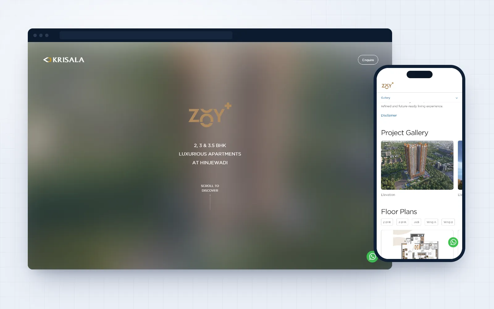 ZOY+ — landing page for Krisala Developers, shown on desktop and mobile