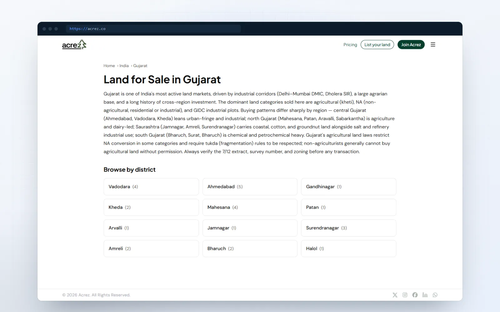 Acrez — screen 1 of 3, shown on desktop and mobile