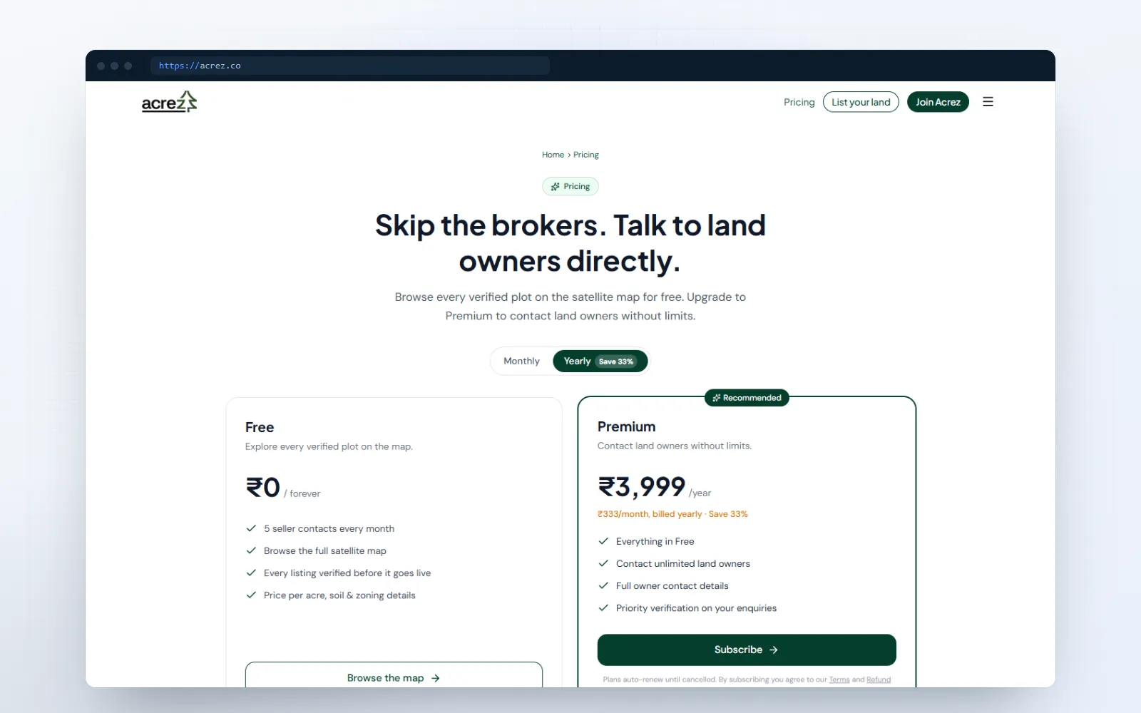 Acrez — screen 2 of 3, shown on desktop and mobile