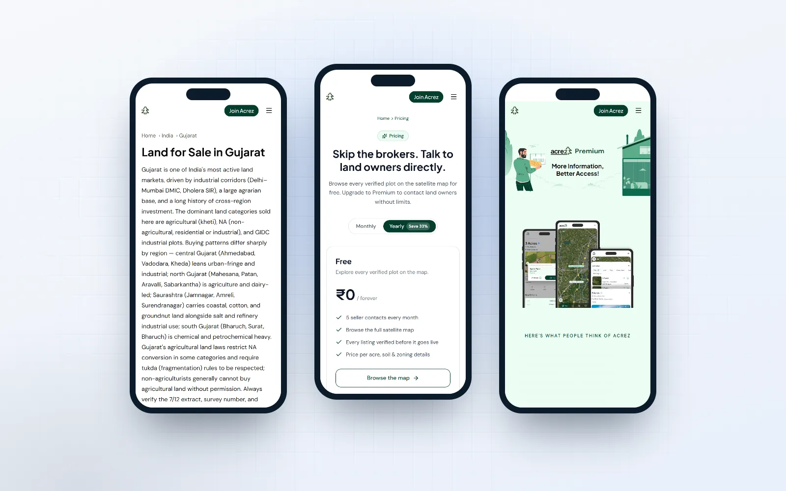 Acrez — screen 3 of 3, shown on desktop and mobile