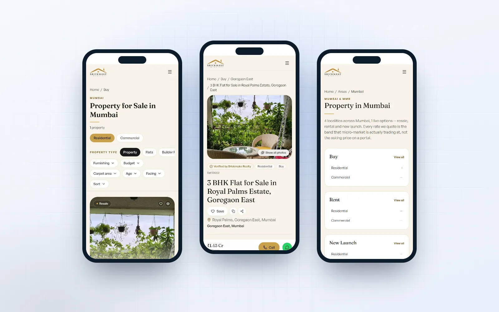 Brickmake Realty — screen 3 of 3, shown on desktop and mobile