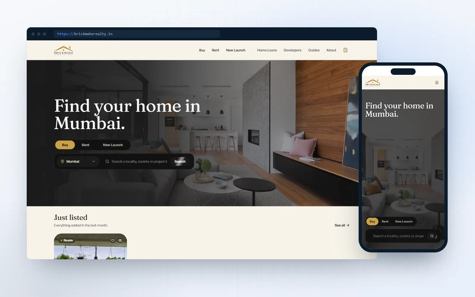 Brickmake Realty — listing website + admin console for Brickmake Realty, shown on desktop and mobile