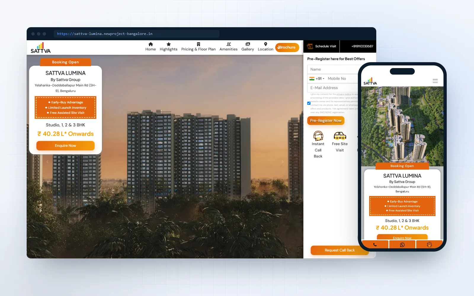 Sattva Lumina — landing page for Mr. Abhir, shown on desktop and mobile