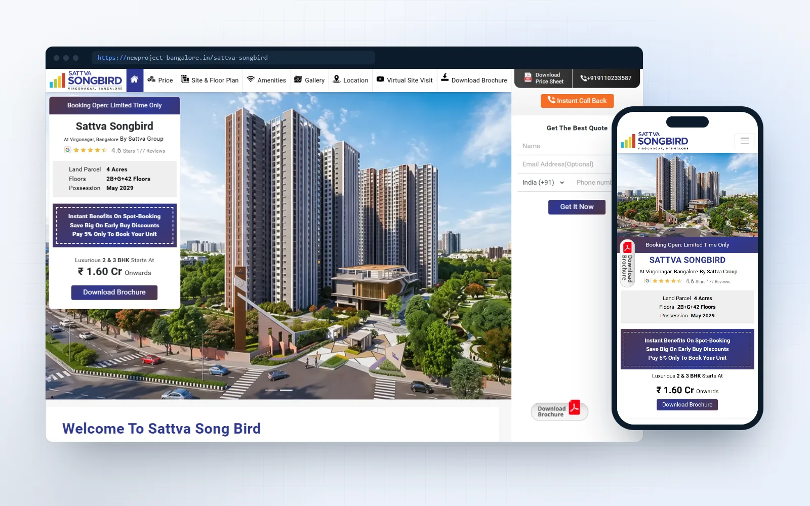 Sattva Songbird — landing page for Mr. Abhir, shown on desktop and mobile