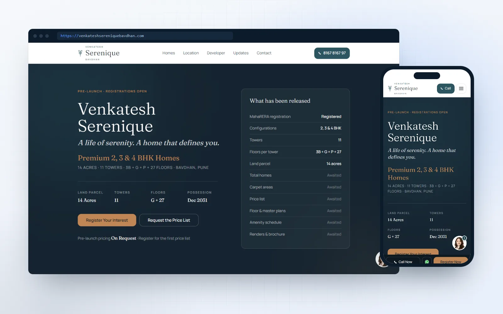 Venkatesh Serenique — project website for Blackstone Realty, shown on desktop and mobile