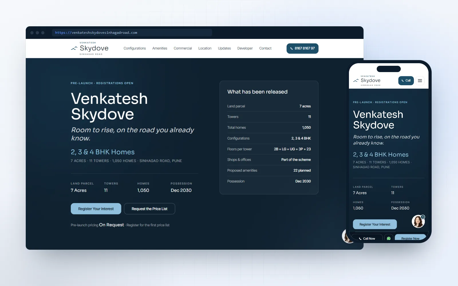 Venkatesh Skydove — project website for Blackstone Realty, shown on desktop and mobile