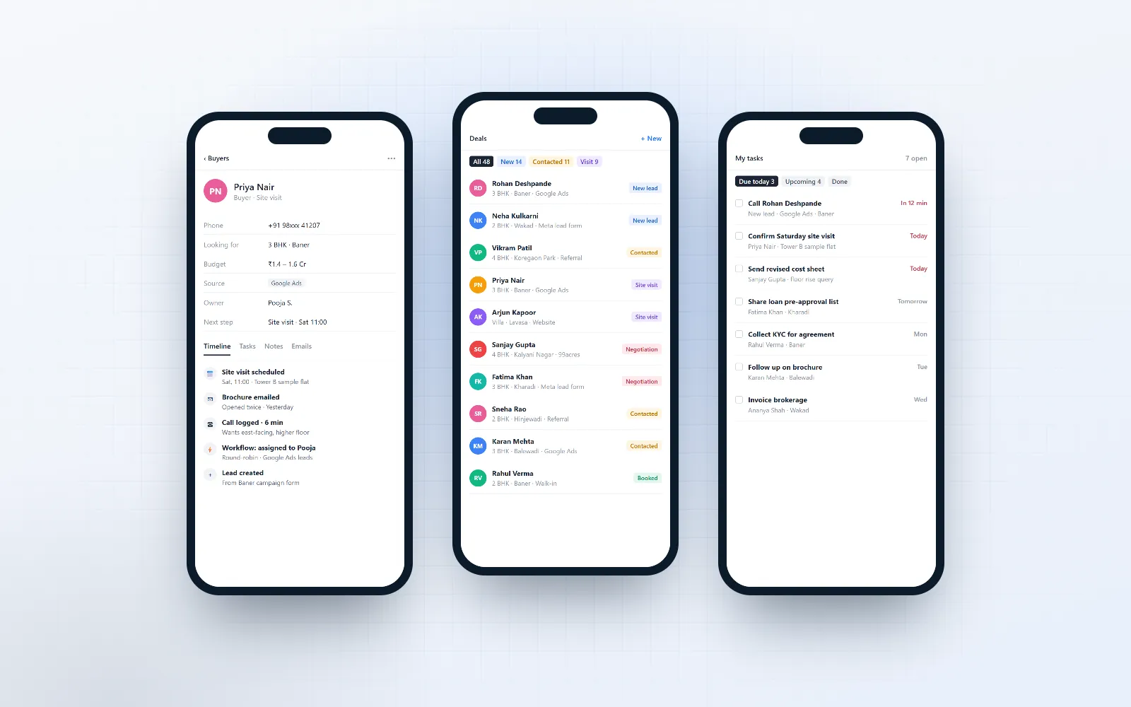 Broker CRM — screen 3 of 3, shown on desktop and mobile